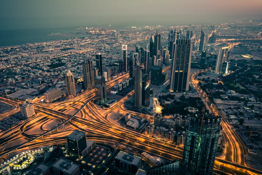Dubai epicenter illuminated at night.